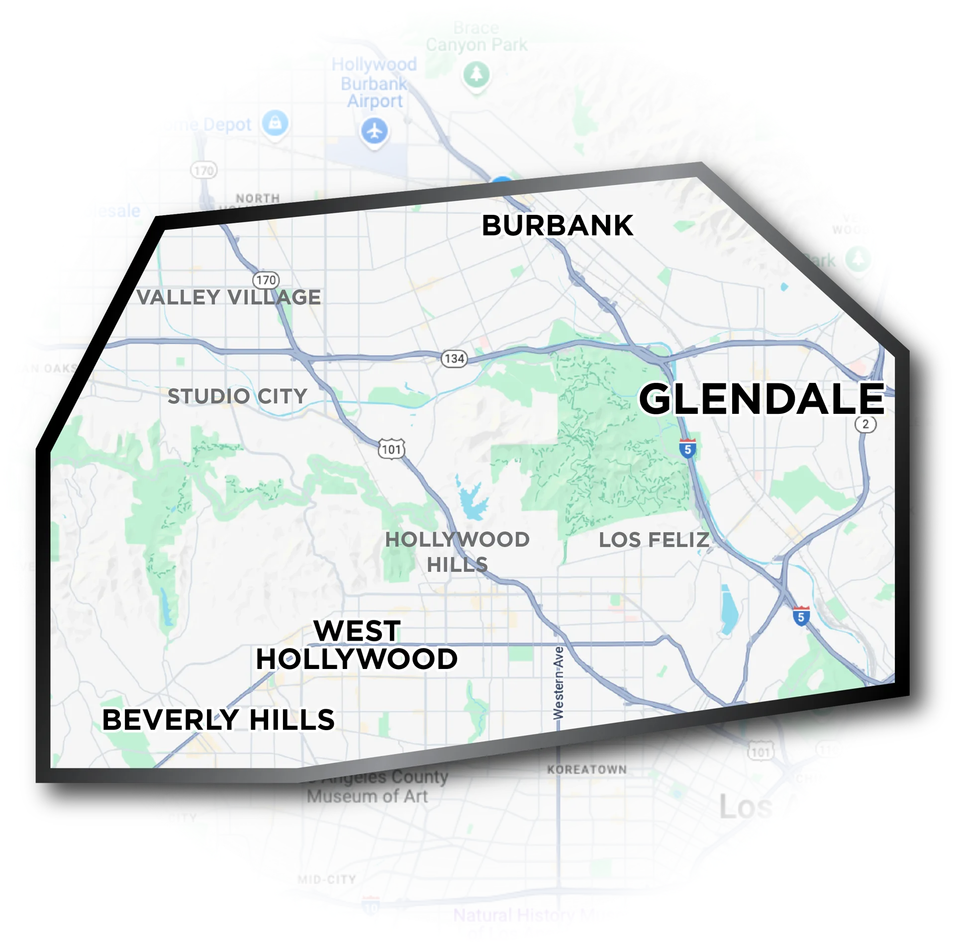 Map of AB Appliance Repair's service area across Los Angeles, from Valley Village to Beverly Hills and Glendale